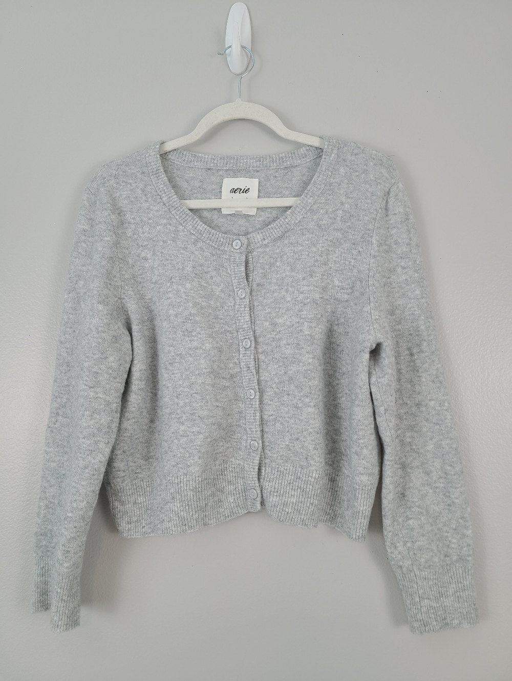 Aerie Heather Gray Fuzzy Warm Cropped Button-Front Crewneck Cardigan Sweater XL